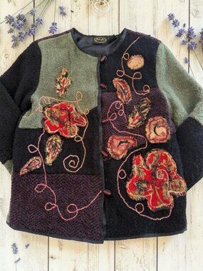 Julia Kim‎ Womens Small Boho Jacket Floral Applique Beaded Toggle India